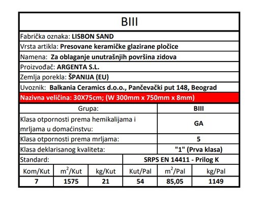 Zidne pločice LISBON SAND 30x75