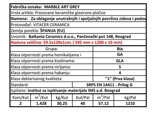 Zidne i podne pločice MARBLE ART GREY 59,5x120
