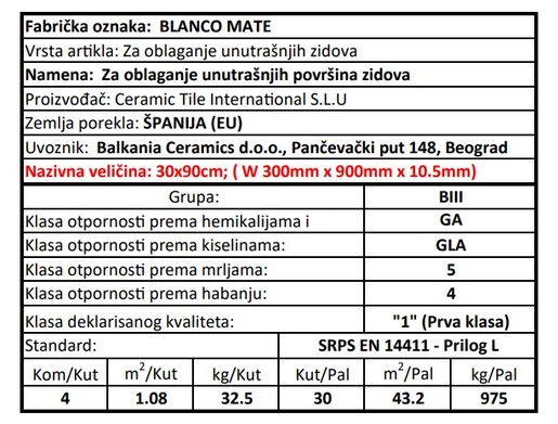 Zidne pločice BLANCO MATE 30x90