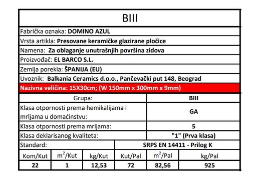 Zidne pločice DOMINO AZUL 15x30