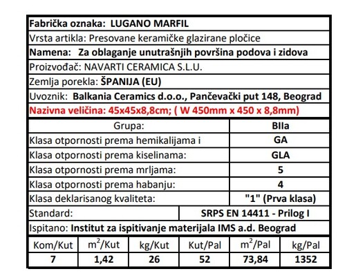 Zidne i podne pločice LUGANO MARFIL 45x45