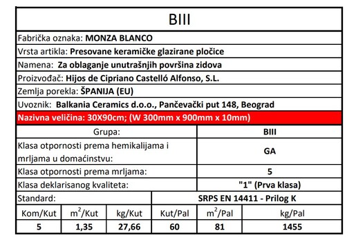 Zidne pločice MONZA BLANCO 30x90