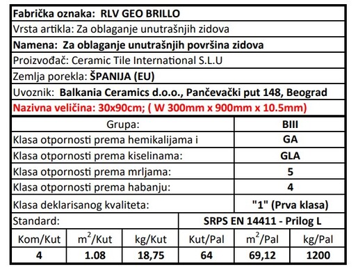 Zidne pločice RLV. GEO BRILLO 30x90