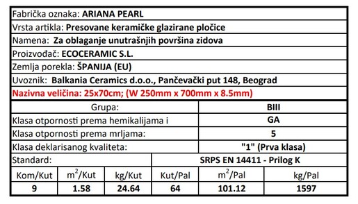 Zidne pločice ARIANA PEARL 25x70
