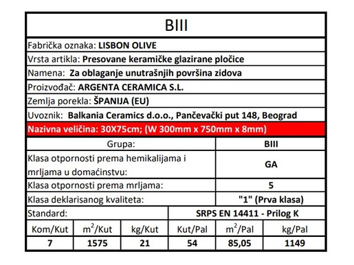 Zidne pločice LISBON OLIVE 30x75