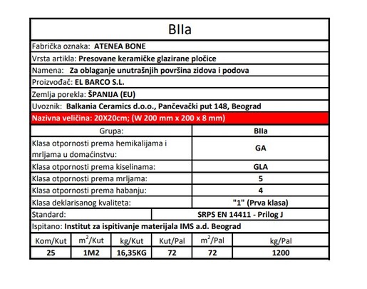 Zidne i podne pločice ATENEA BONE 20x20