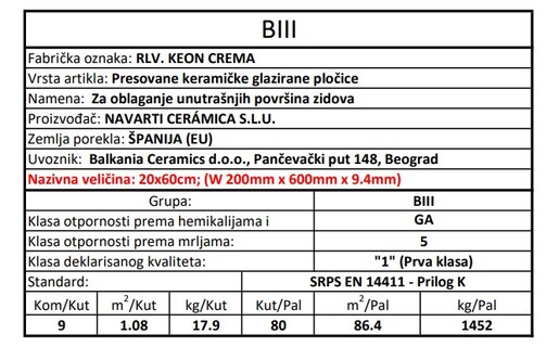 Zidne pločice RLV. KEON CREMA 20x60