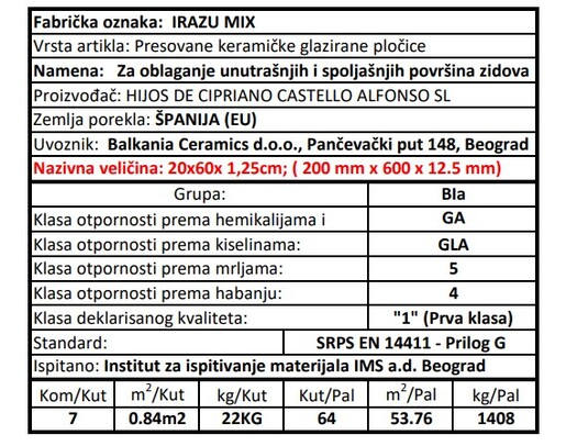 Zidne pločice IRAZU MIX 20x60