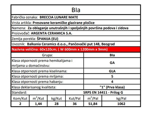 Zidne i podne pločice BRECCIA LUNARE MATE 60x120