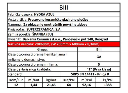 Zidne pločice HYDRA AZUL 20x60