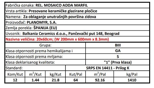 Zidne pločice REL. MOSAICO ADDA MARFIL 20x60