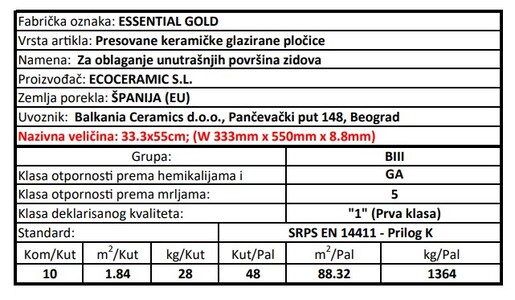 Zidne pločice ESSENTIAL GOLD 33,3x55