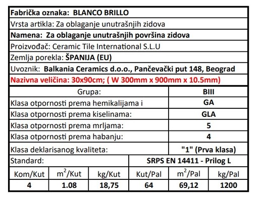 Zidne pločice BLANCO BRILLO 30x90