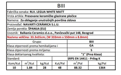 Zidne pločice RLV. LEGUA WHITE MATE 33,3x55
