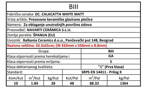 Zidne pločice DC. CALACATTA WHITE MATE 33,3x55