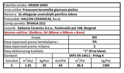Zidne pločice ORIGIN SAND 30x90