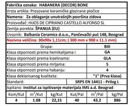 Zidne pločice DECOR HABANERA BONE 30x90