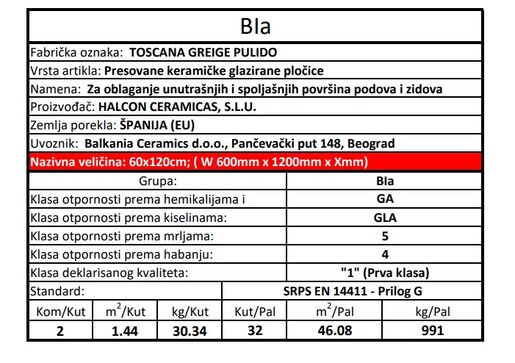 Zidne i podne pločice TOSCANA GREIGE PULIDO 60x120