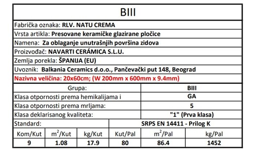 Zidne pločice RLV. NATU CREMA 20x60