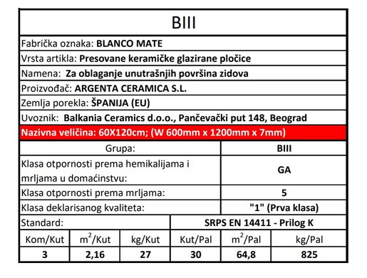 Zidne pločice BLANCO MATE 60x120