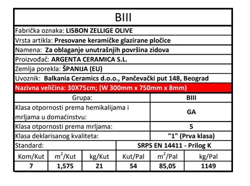 Zidne pločice LISBON ZELLIGE OLIVE 30x75