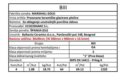 Zidne pločice MARSHALL GOLD 30x90
