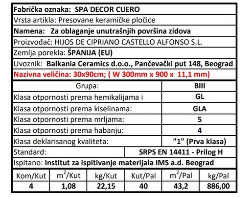 Zidne pločice SPA DECOR CUERO 30x90