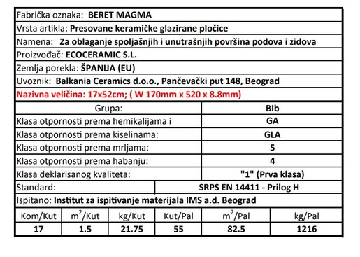 Zidne pločice BERET MAGMA 17x52