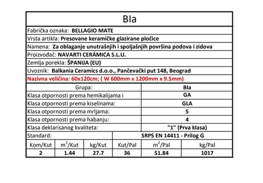 Zidne i podne pločice BELLAGIO MATE 60x120
