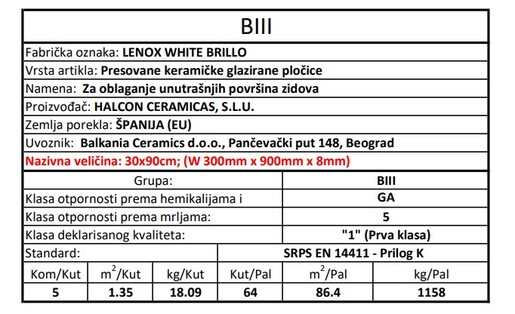 Zidne pločice LENOX WHITE BRILLO 30x90