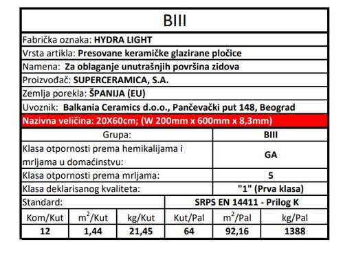 Zidne pločice HYDRA LIGHT 20x60