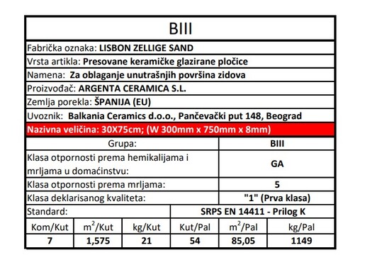 Zidne pločice LISBON ZELLIGE SAND 30x75