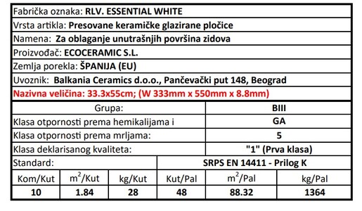 Zidne pločice RLV. ESSENTIAL WHITE 33,3x55