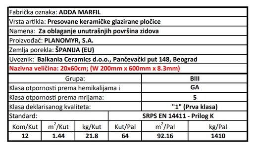 Zidne pločice ADDA MARFIL 20x60