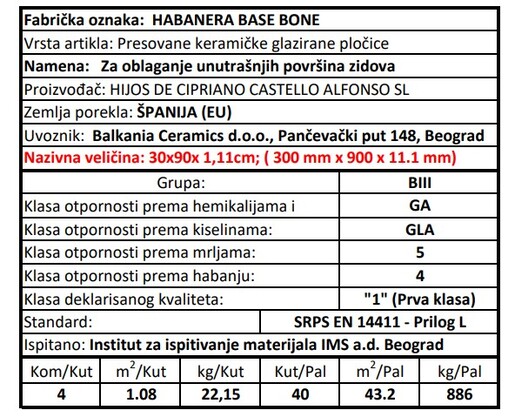 Zidne pločice HABANERA BASE BONE 30x90