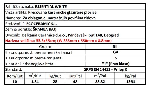 Zidne pločice ESSENTIAL WHITE 33,3x55