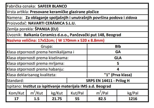 Zidne pločice SAFEER BLANCO 17x52