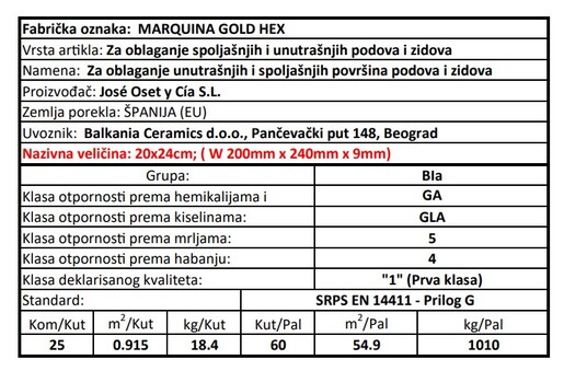 Zidne i podne pločice MARQUINA GOLD HEX 20x24