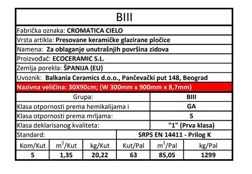 Zidne pločice CROMATICA CIELO 30x90