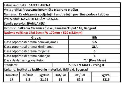 Zidne pločice SAFEER ARENA 17x52