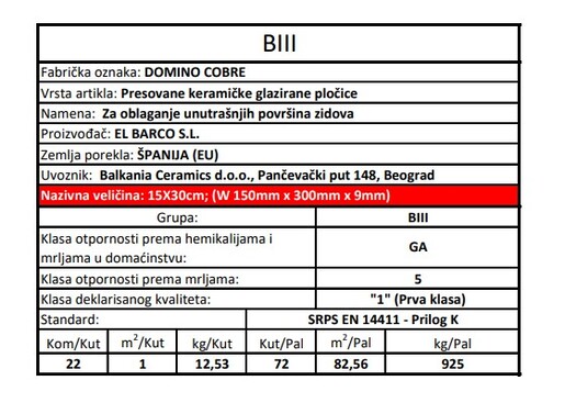 Zidne pločice DOMINO COBRE 15x30