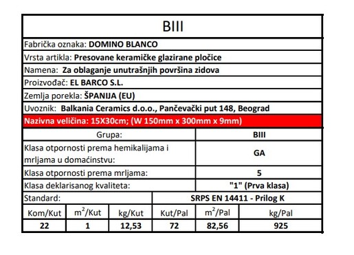 Zidne pločice DOMINO BLANCO 15x30