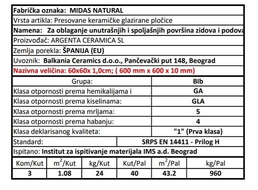 Zidne i podne pločice MIDAS NATURAL 60x60
