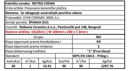 Zidne pločice METRO CREMA 10x20