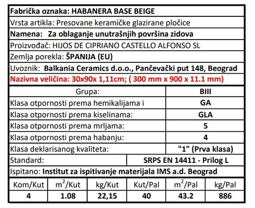 Zidne pločice HABANERA BASE BEIGE 30x90