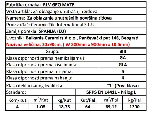 Zidne pločice RLV. GEO MATE 30x90