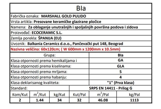 Zidne i podne pločice MARSHALL GOLD PULIDO 60x120