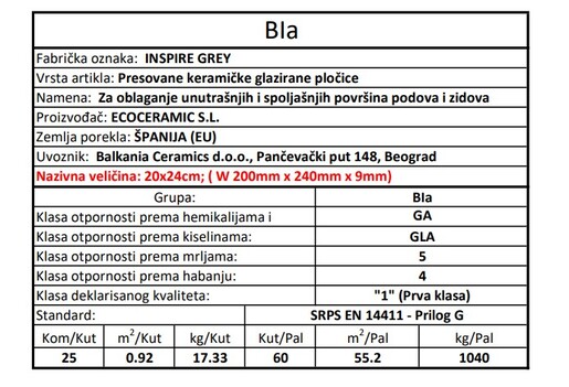 Zidne i podne pločice INSPIRE GREY 20x24