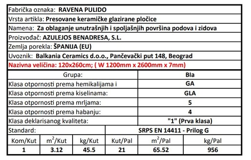 Zidne i podne pločice RAVENA PULIDO 120x260