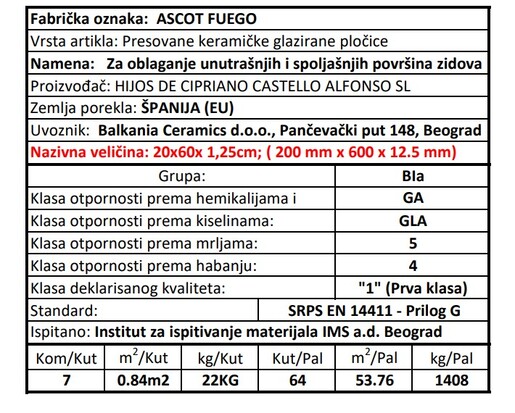 Zidne pločice ASCOT FUEGO 20x60